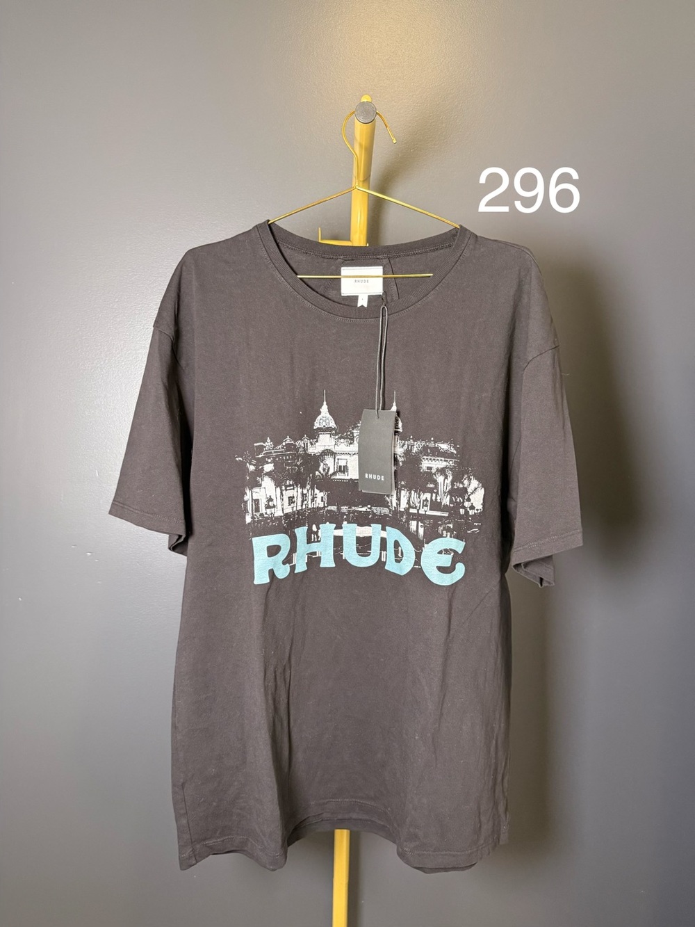 Rhude Black Tee with Light Blue Logo and City Graphic